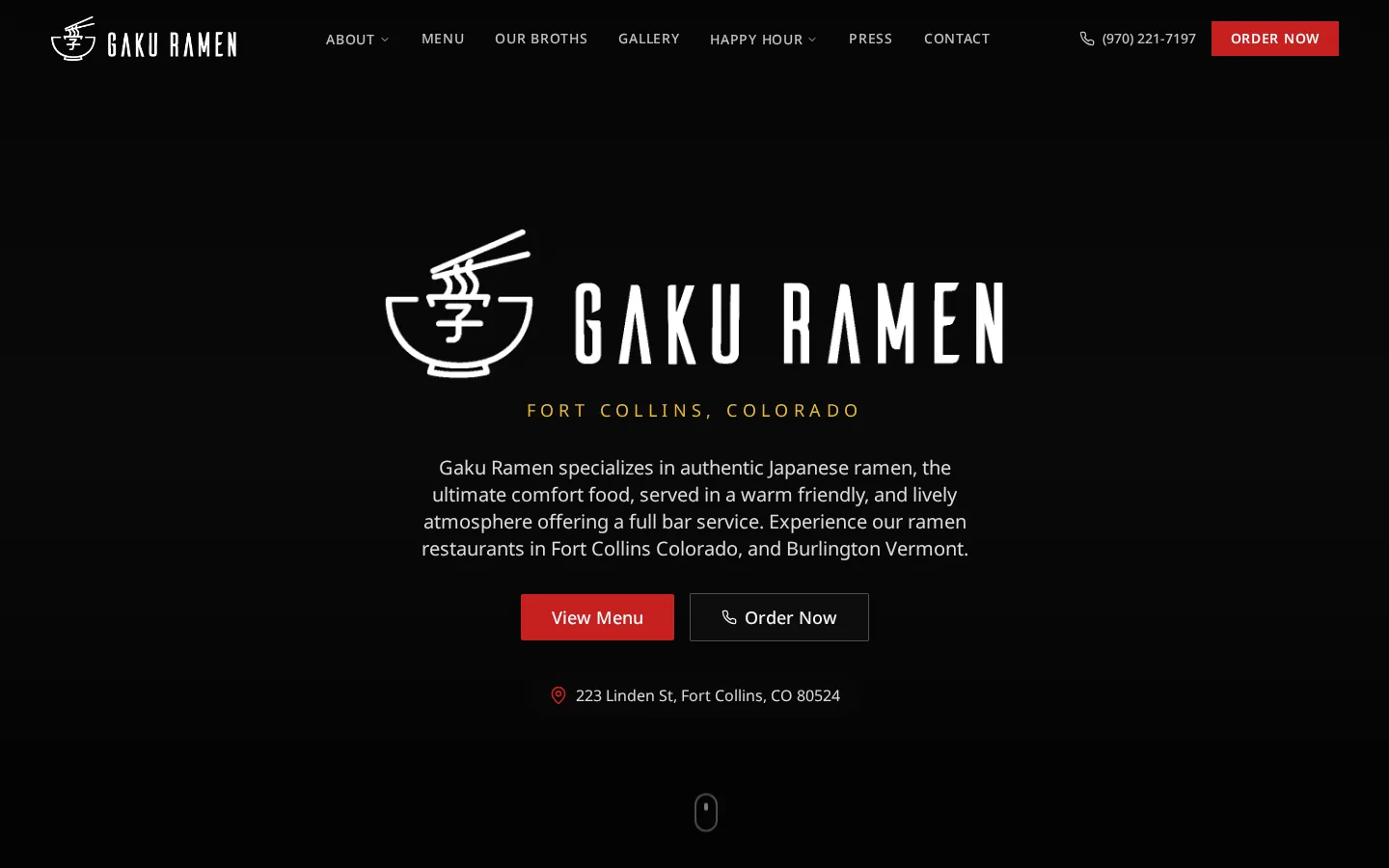 Homepage of the Gaku Ramen Fort Collins website — Restaurant built by Boost Halo